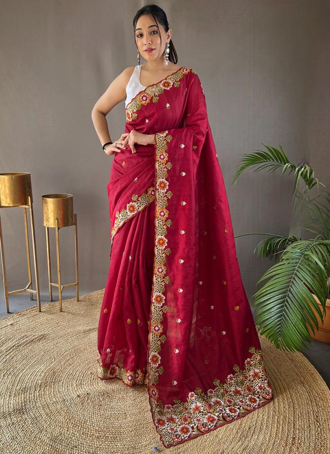 Matka Silk Red Festival Wear Embroidery Work Saree